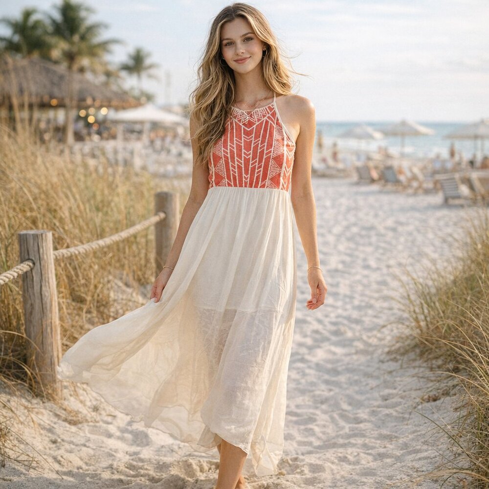 ✨ Jealous Tomato Halter Maxi Dress - XS, Coral Orange, Boho Tribal Print ✨